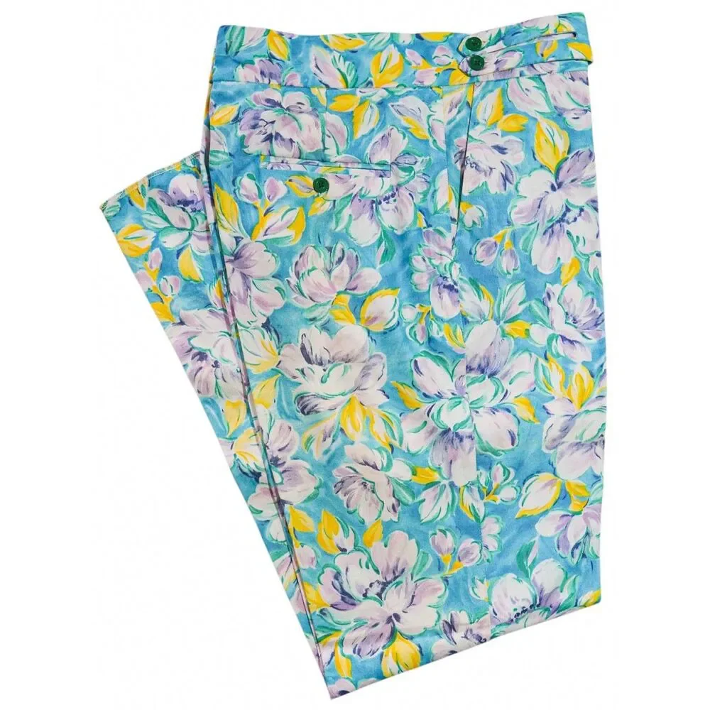 Mens Gurkha Pants 38 Blue Purple Yellow Floral Straight Fit Flat Front Trousers